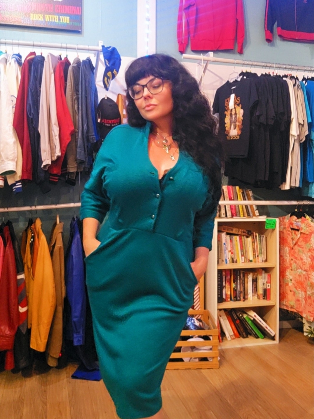 Classic Vintage Teal Button-Front Women’s Midi Dress with Pockets
